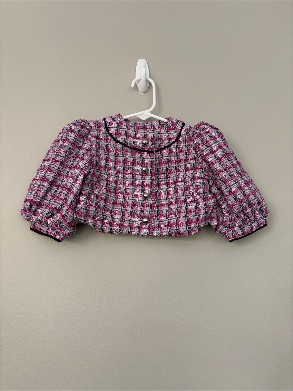 Janie and Jack Pink Plaid Tweed Cropped Jacket with Black Trim 6-12 months NWOT